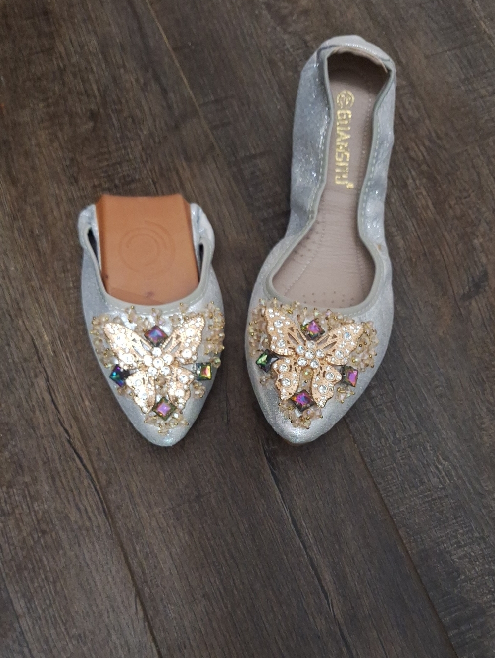 Glitter Silver Pointed Flats with Gold Butterfly Jewel Accent